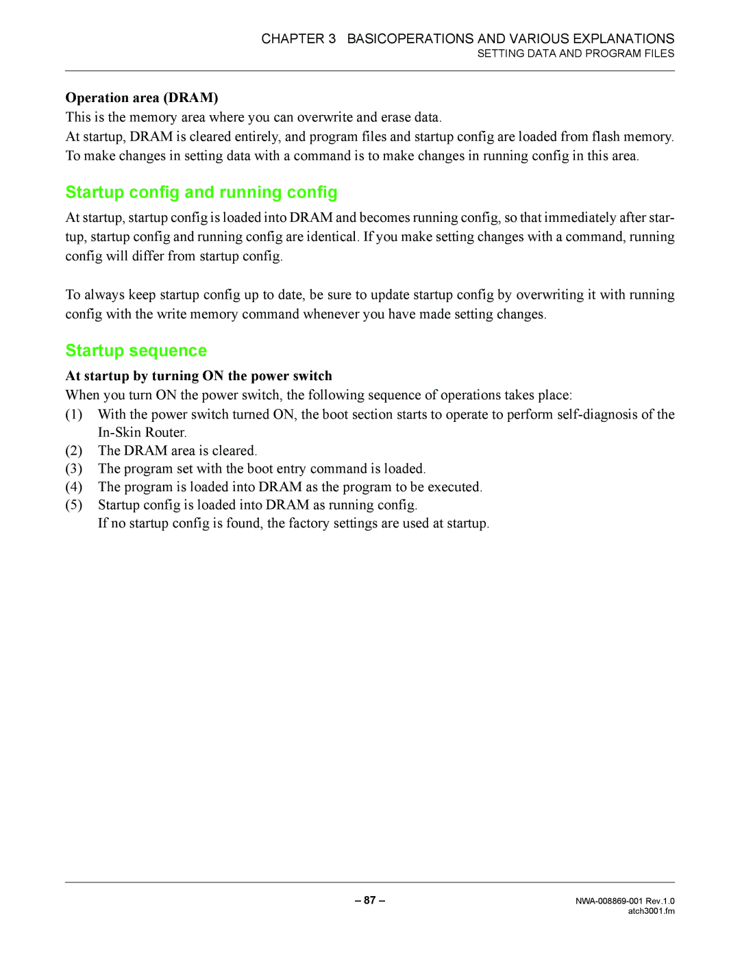 NEC NWA-008869-001 manual Startup config and running config, Startup sequence, Operation area Dram 