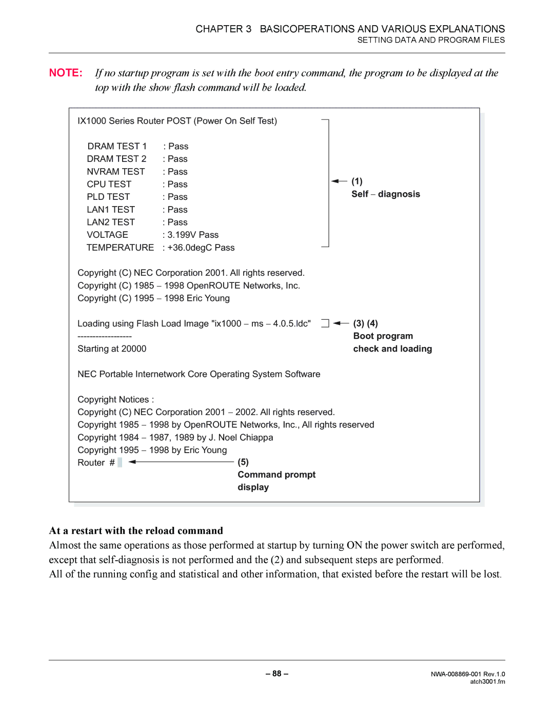 NEC NWA-008869-001 manual At a restart with the reload command, Self − diagnosis 