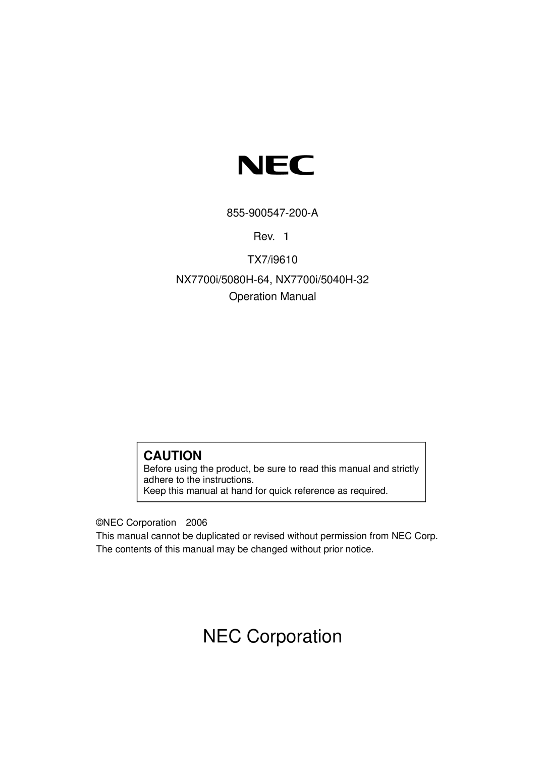 NEC TX7/i9610, NX7700i/5040H-32, NX7700i/5080H-32 operation manual NEC Corporation 