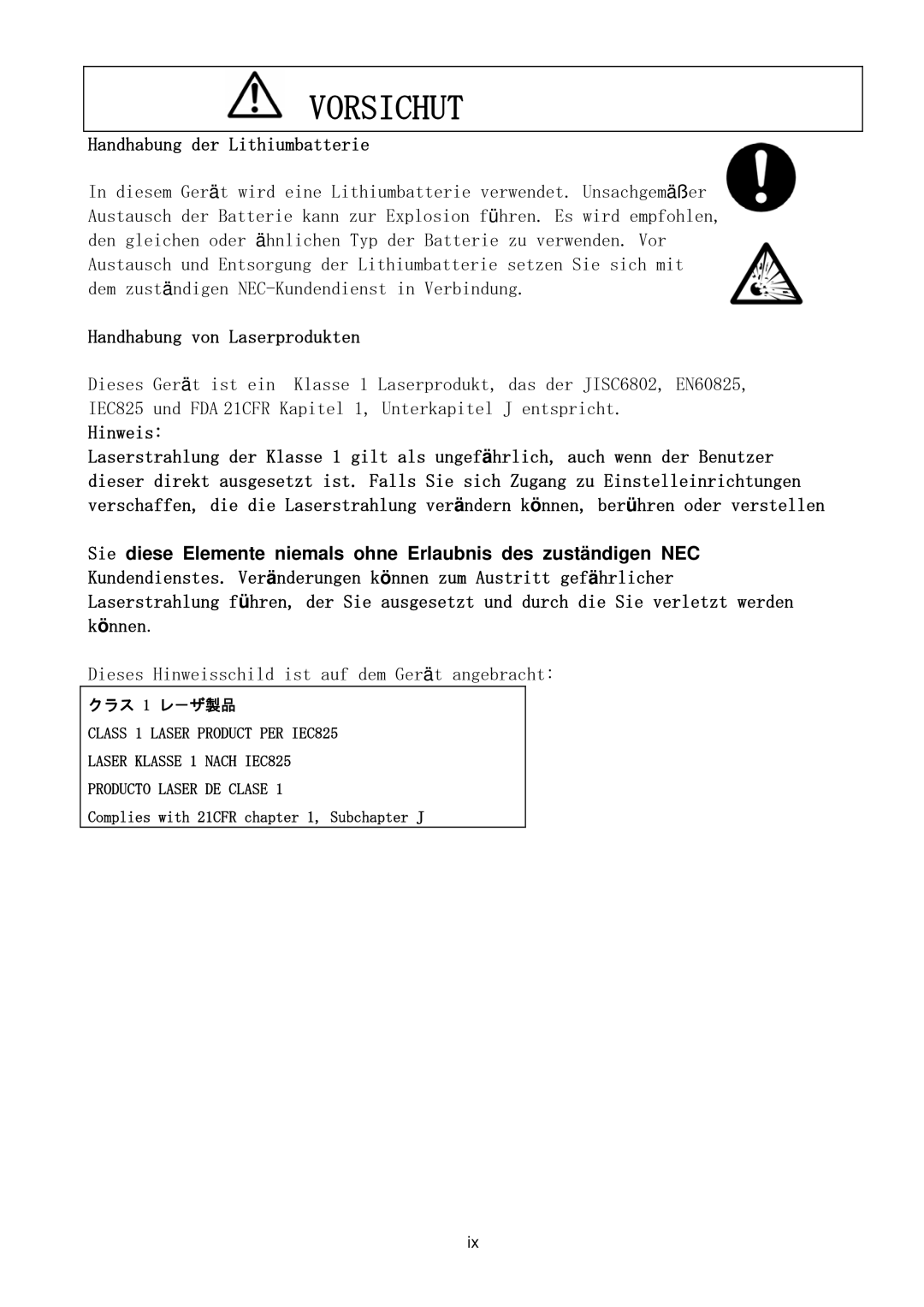 NEC TX7/i9610, NX7700i/5040H-32, NX7700i/5080H-32 operation manual Vorsichut 