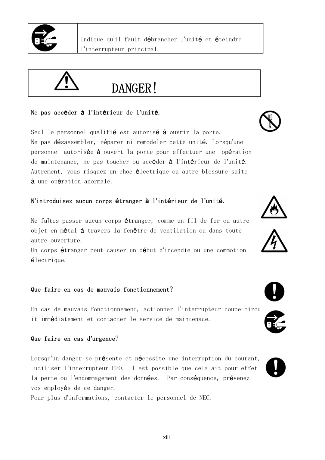 NEC NX7700i/5080H-32, NX7700i/5040H-32, TX7/i9610 operation manual Ne pas accéder à l’intérieur de l’unité 