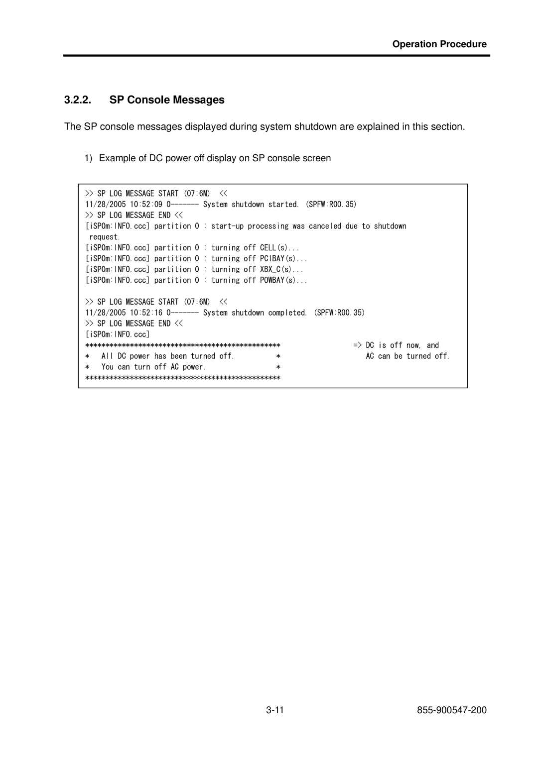 NEC NX7700i/5080H-32, NX7700i/5040H-32, TX7/i9610 operation manual Example of DC power off display on SP console screen 