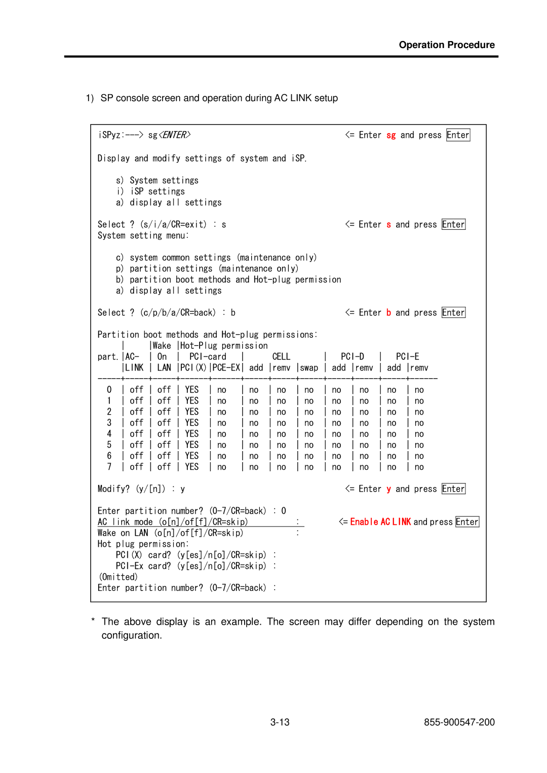 NEC TX7/i9610, NX7700i/5040H-32, NX7700i/5080H-32 operation manual SP console screen and operation during AC Link setup 