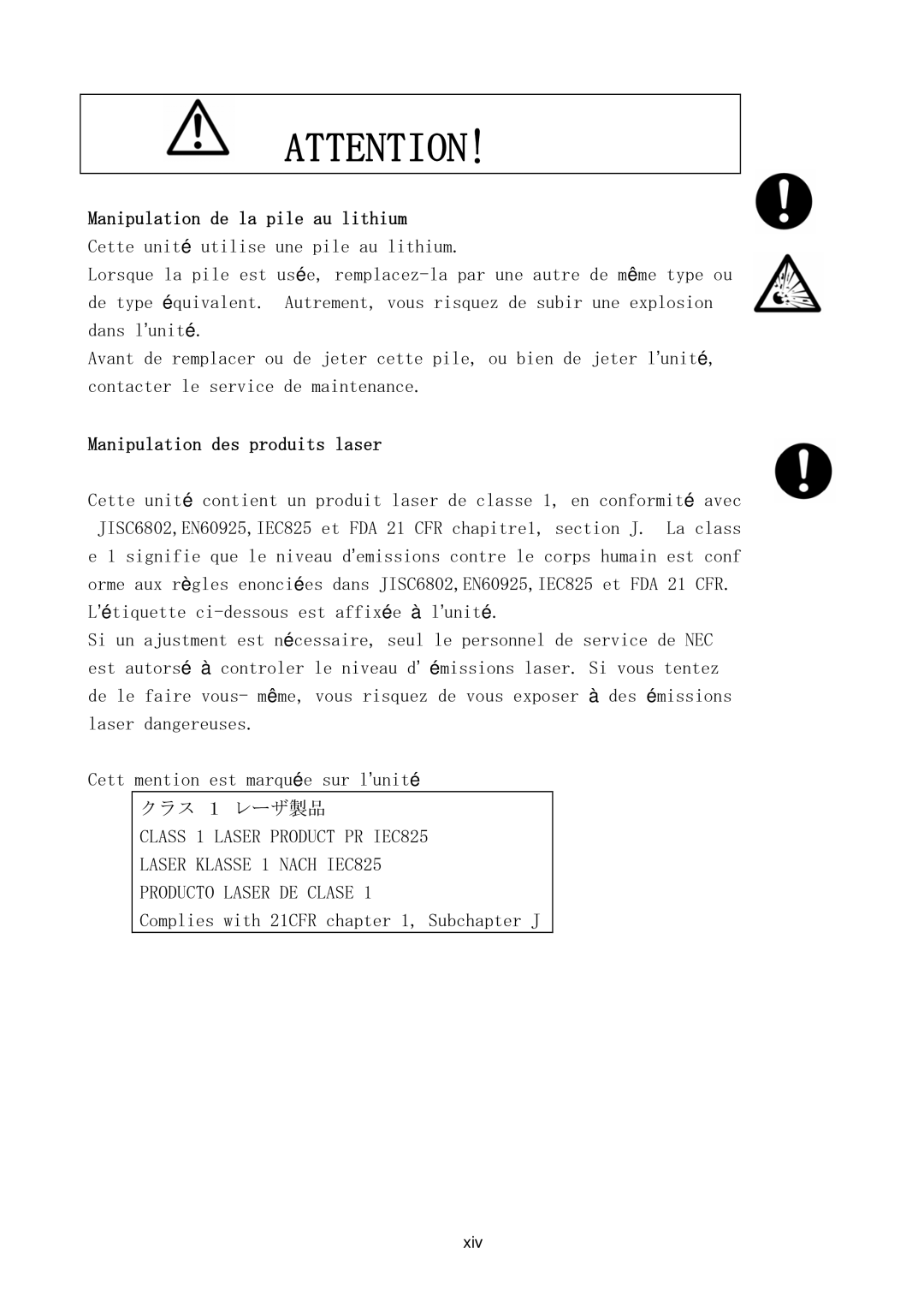 NEC NX7700i/5040H-32, TX7/i9610, NX7700i/5080H-32 operation manual Manipulation des produits laser 