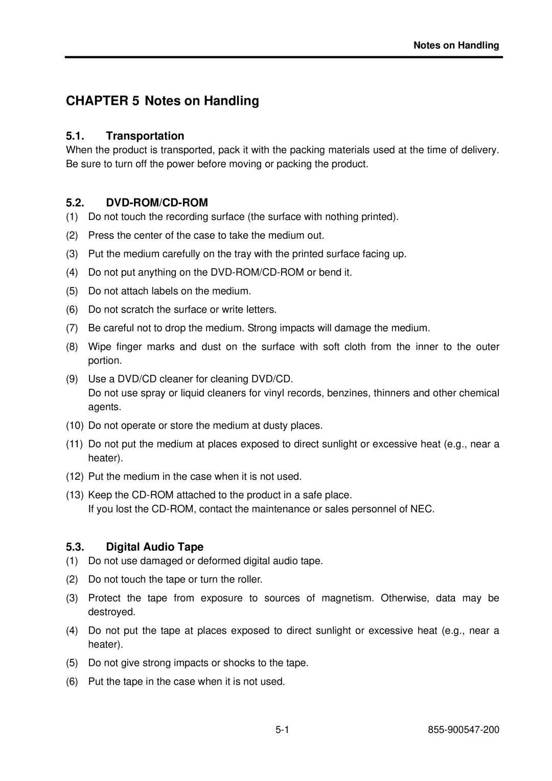 NEC NX7700i/5080H-32, NX7700i/5040H-32, TX7/i9610 operation manual Transportation, Digital Audio Tape 