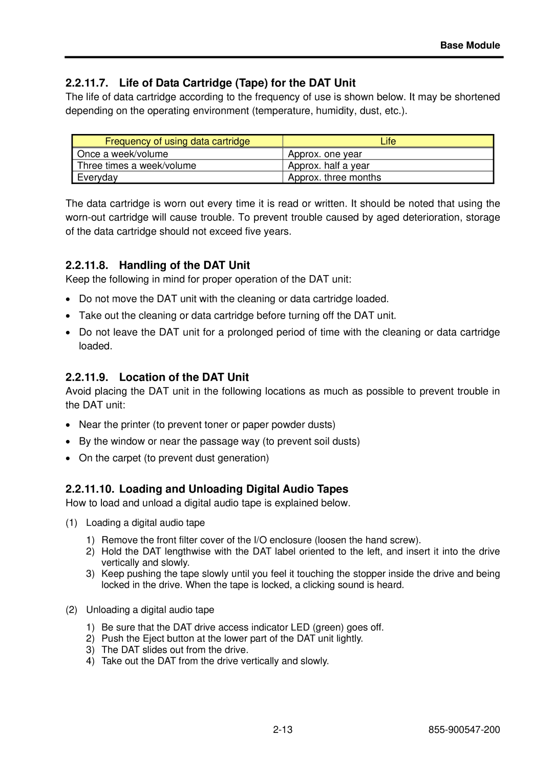 NEC TX7/i9610 Life of Data Cartridge Tape for the DAT Unit, Handling of the DAT Unit, Location of the DAT Unit 