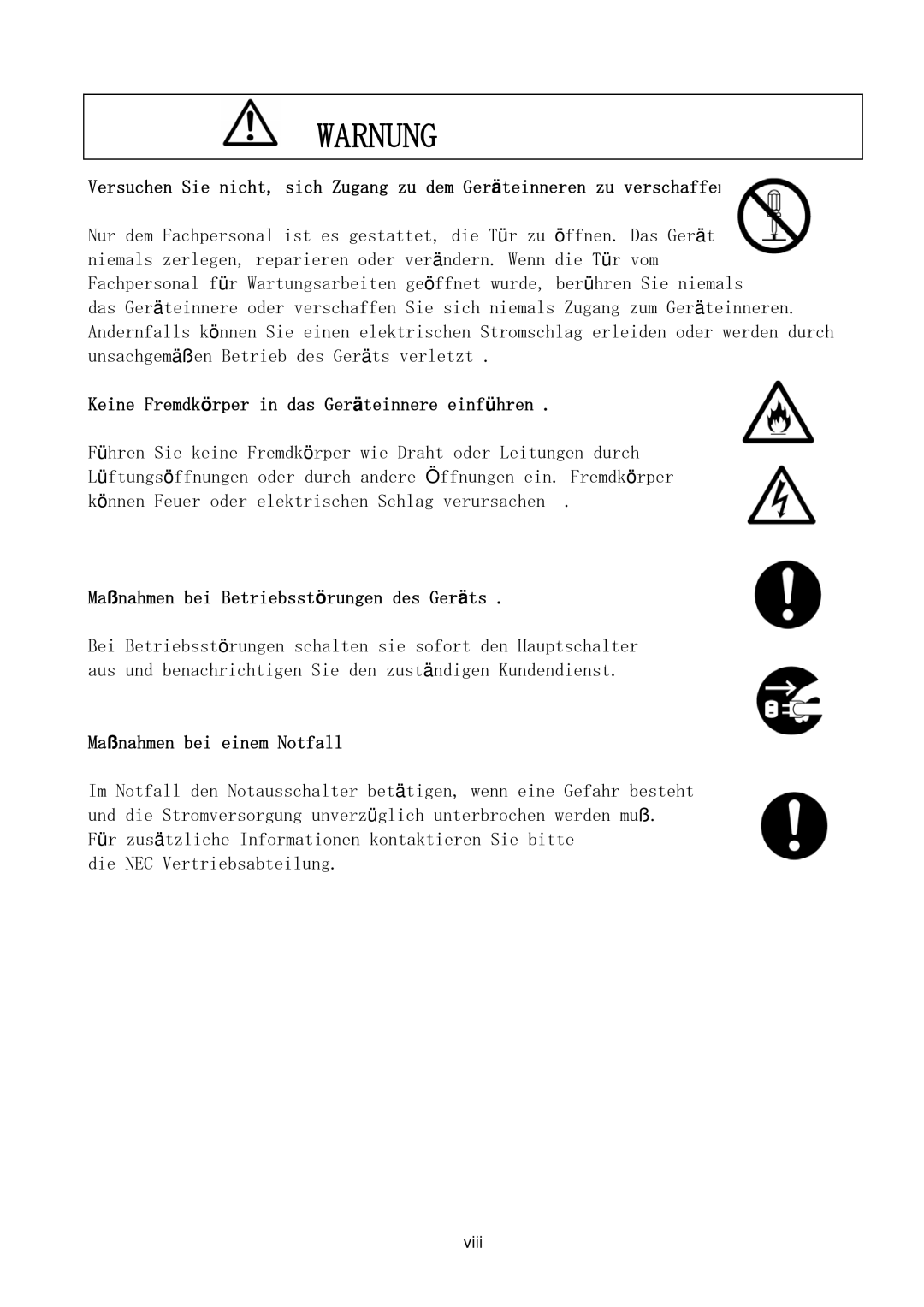 NEC NX7700i/5040H-32, TX7/i9610, NX7700i/5080H-32 operation manual Warnung 