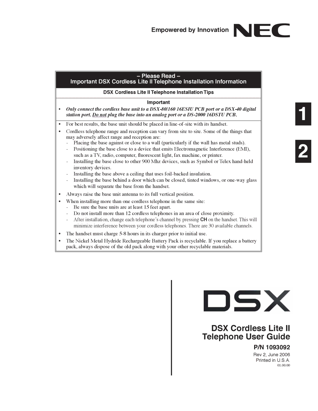 NEC N 1093092, P manual Empowered by Innovation, DSX Cordless Lite II Telephone Installation Tips 