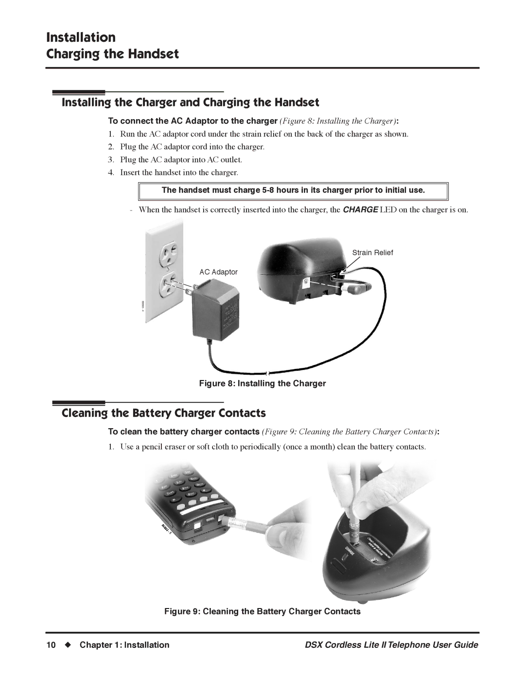 NEC P, N 1093092 manual Installation Charging the Handset, Installing the Charger and Charging the Handset 