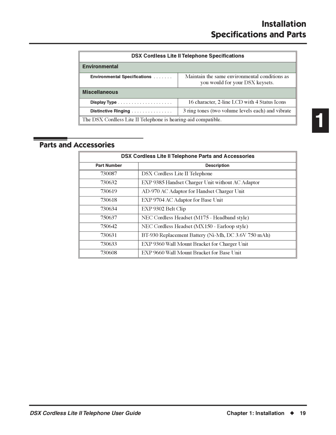 NEC P, N 1093092 manual Installation, DSX Cordless Lite II Telephone Speciﬁcations, Environmental, Miscellaneous 