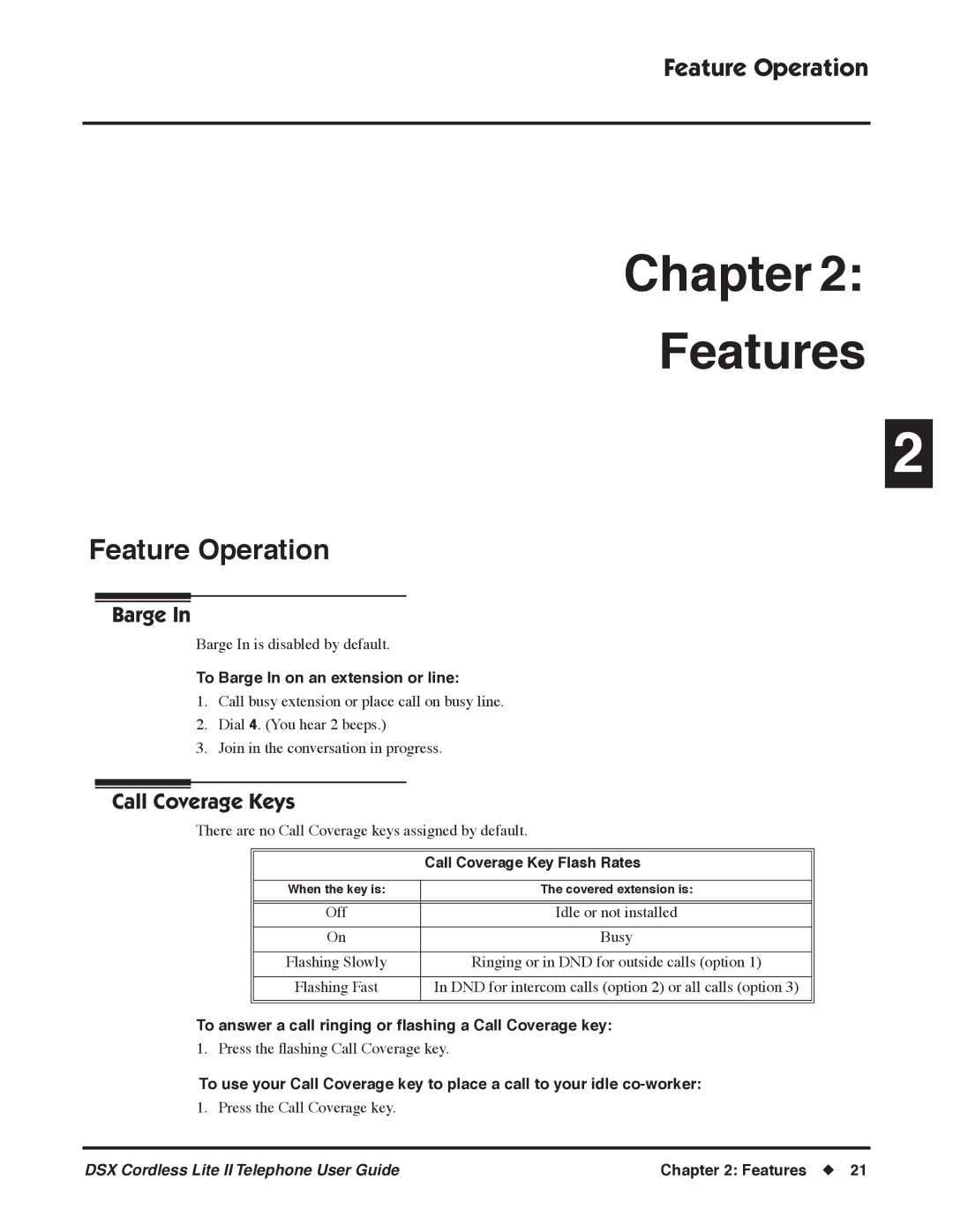 NEC N 1093092, P manual Feature Operation, Barge, Call Coverage Keys 