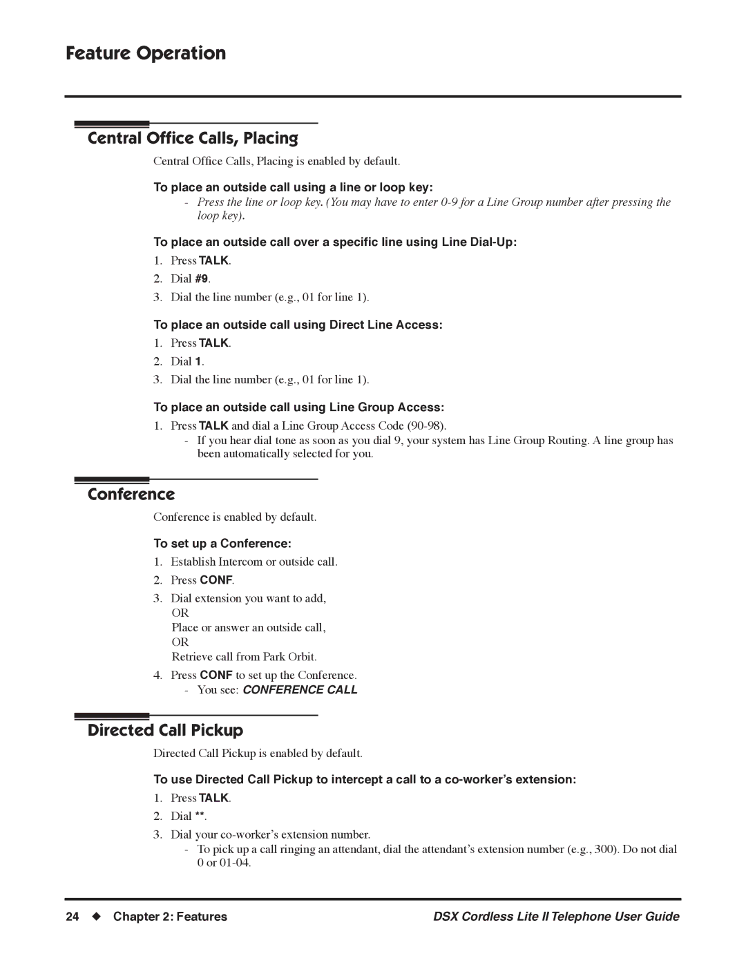 NEC N 1093092 manual Central Ofﬁce Calls, Placing, Conference, Directed Call Pickup 