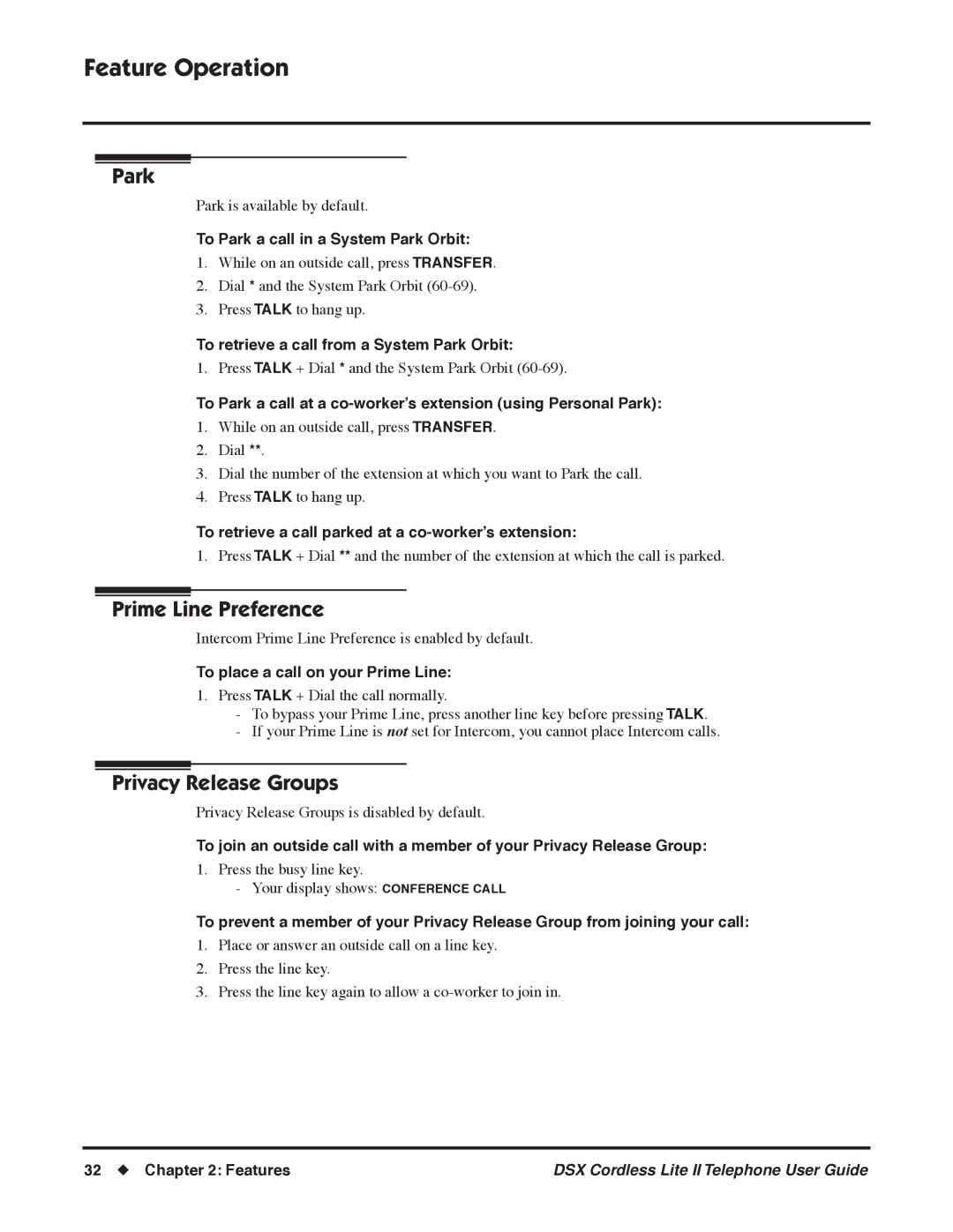 NEC N 1093092 manual Park, Prime Line Preference, Privacy Release Groups 