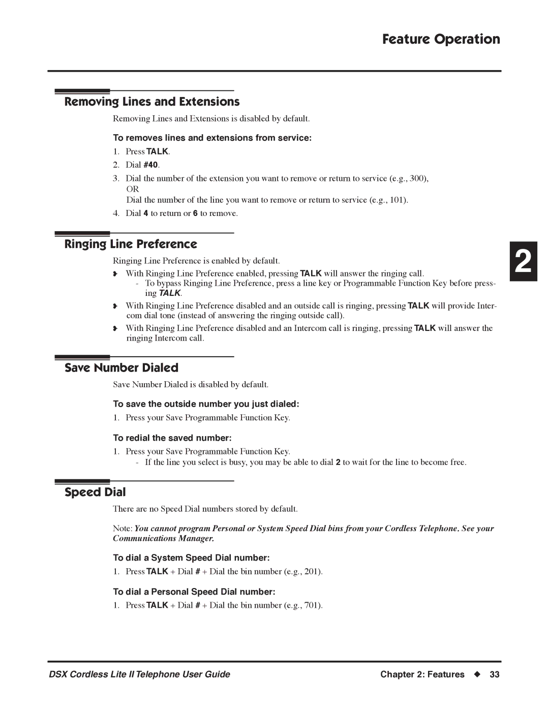 NEC N 1093092 manual Removing Lines and Extensions, Ringing Line Preference, Save Number Dialed, Speed Dial 