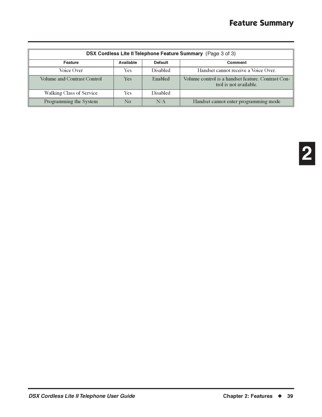 NEC N 1093092 manual DSX Cordless Lite II Telephone Feature Summary Page 3 