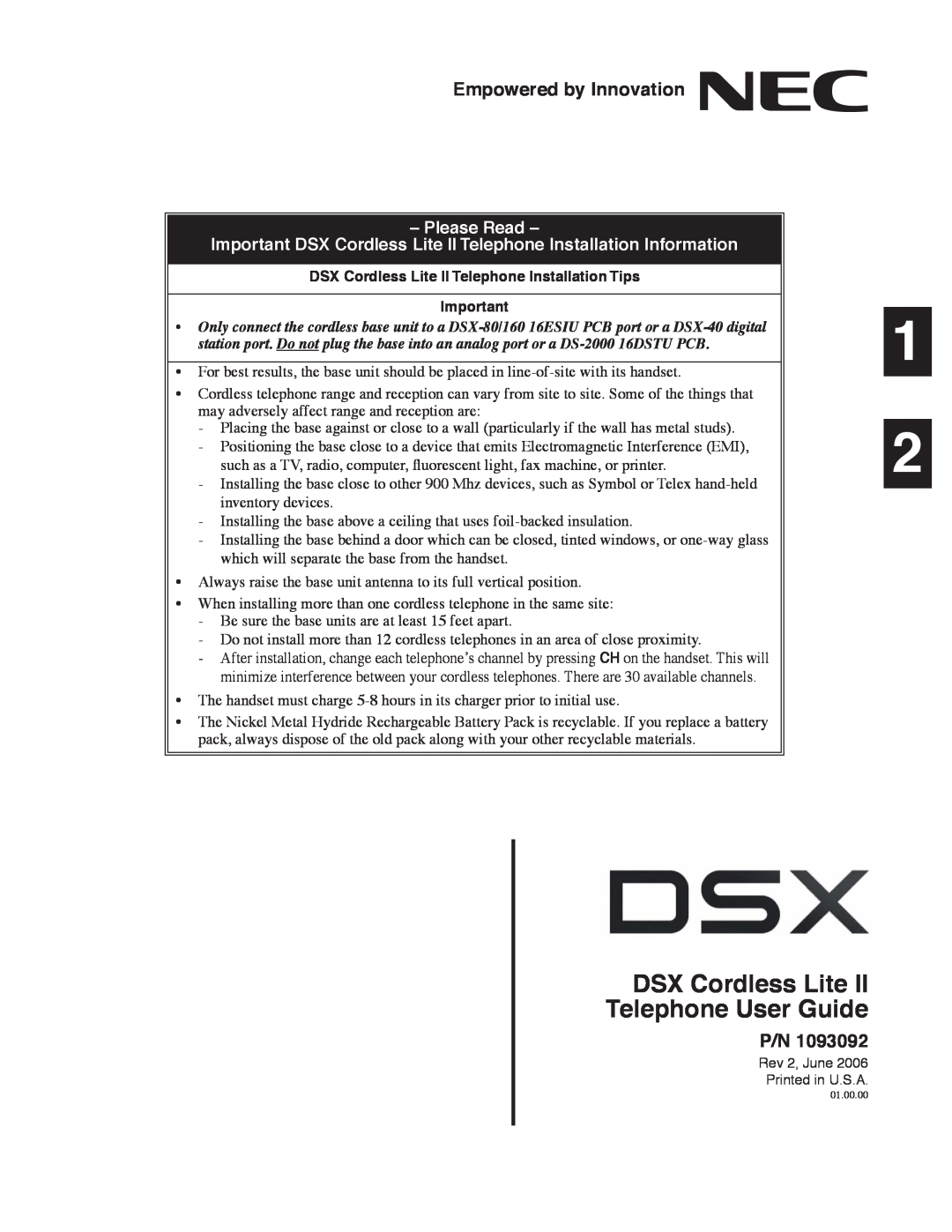 NEC N 1093092 manual DSX Cordless Lite II Telephone User Guide, Empowered by Innovation, Please Read 