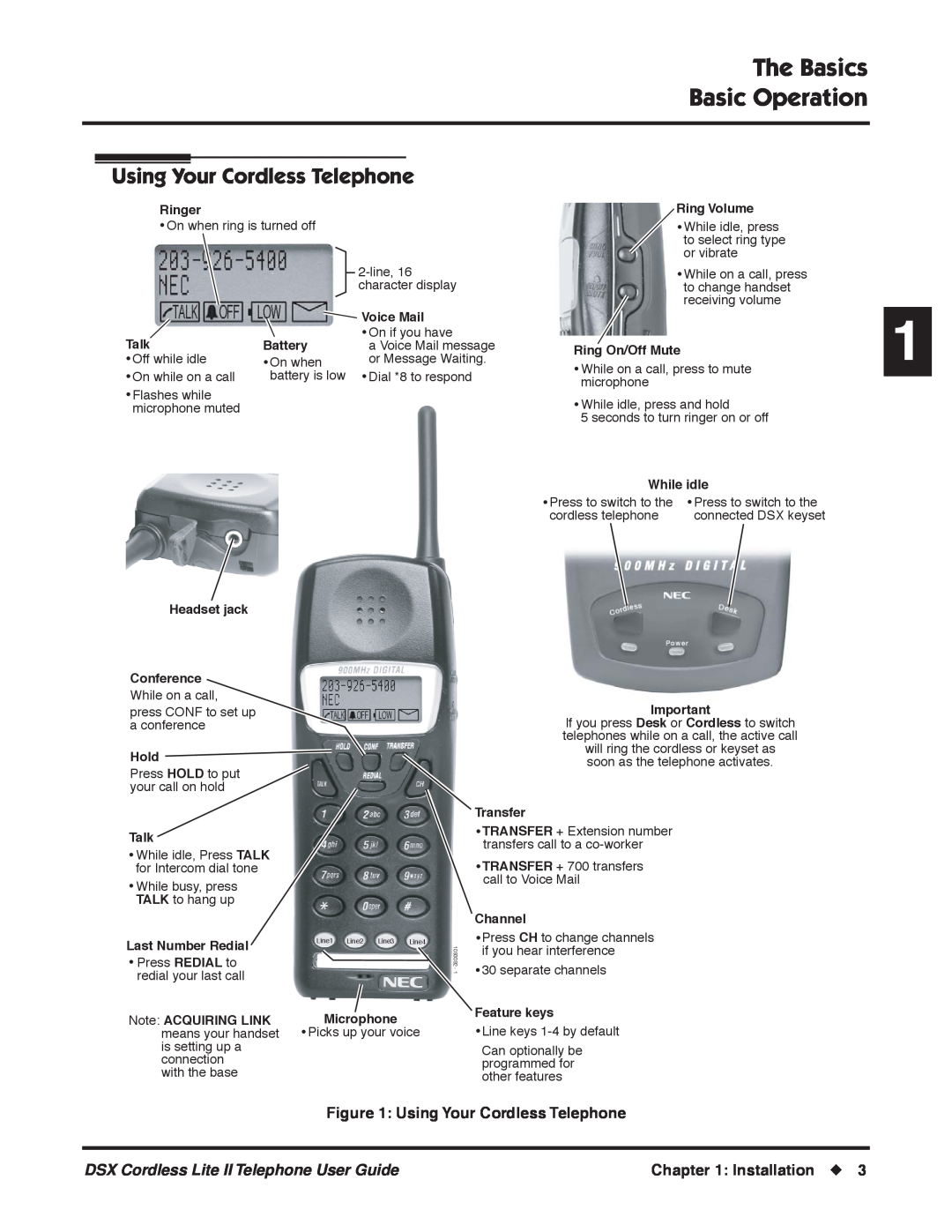 NEC N 1093092, P manual Using Your Cordless Telephone, The Basics Basic Operation, DSX Cordless Lite II Telephone User Guide 