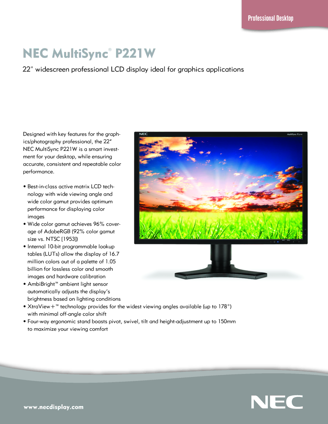 NEC P221W-BK manual NEC MultiSync P221W 