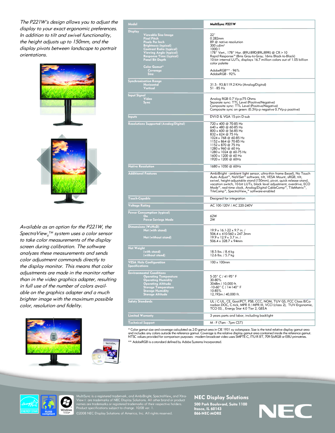 NEC P221W-BK Model, Display Viewable Size Image Pixel Pitch, Pixels Per Inch, Brightness typical, Contrast Ratio typical 