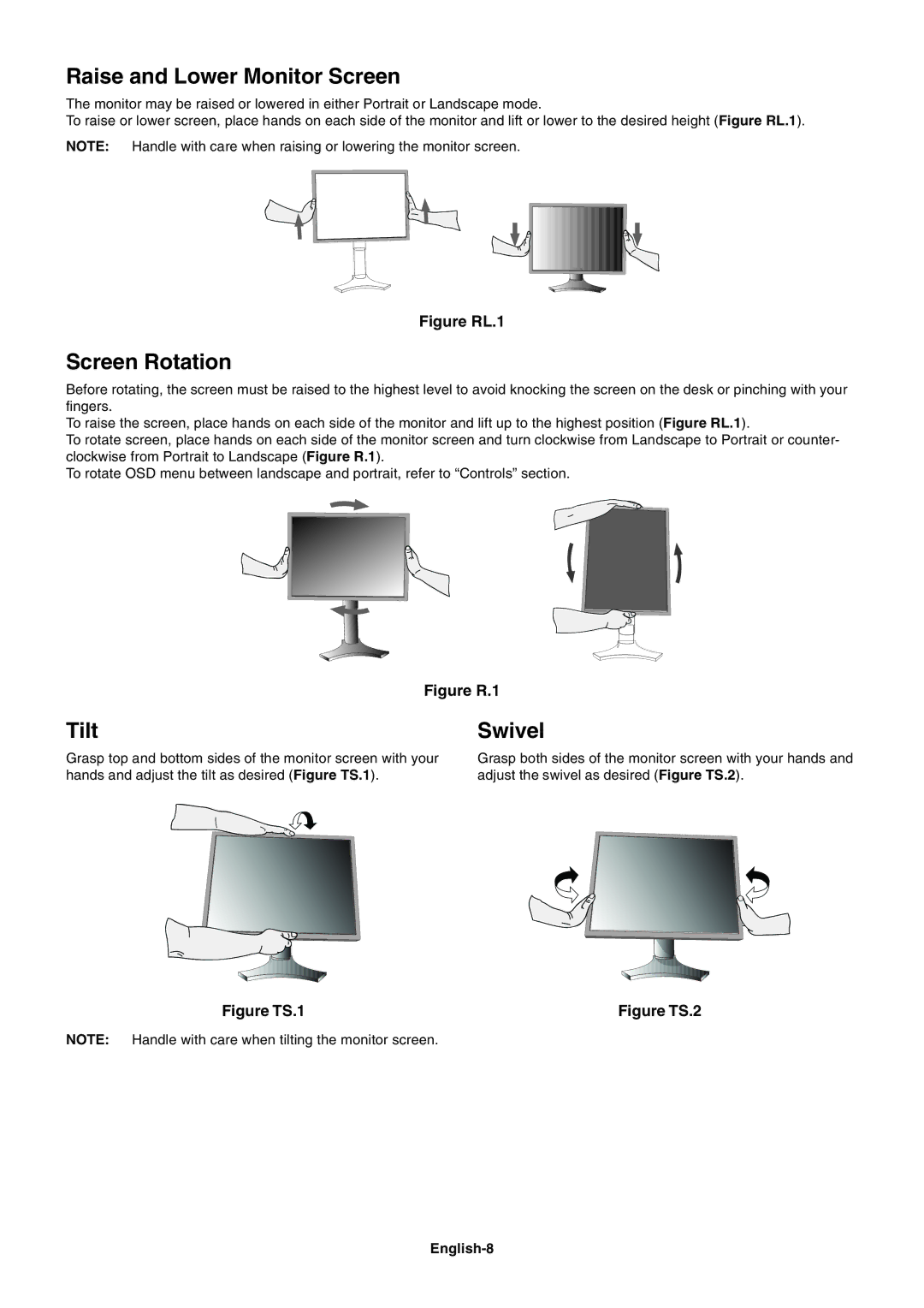 NEC P221W user manual Raise and Lower Monitor Screen, Screen Rotation, Tilt, Swivel, English-8 