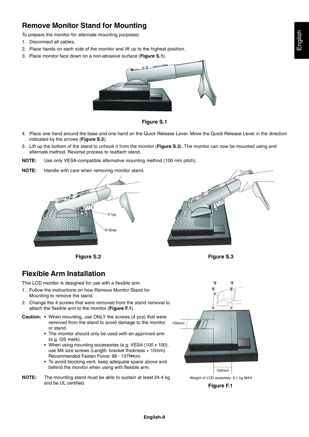 NEC P221W user manual Remove Monitor Stand for Mounting, Flexible Arm Installation, English-9 