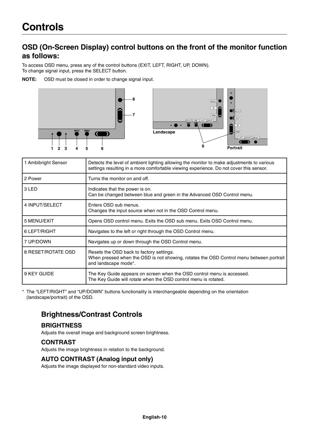 NEC P221W user manual Brightness/Contrast Controls, English-10 