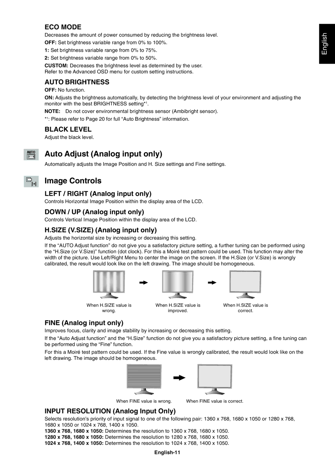 NEC P221W user manual Auto Adjust Analog input only, Image Controls, ECO Mode, Auto Brightness, Black Level 