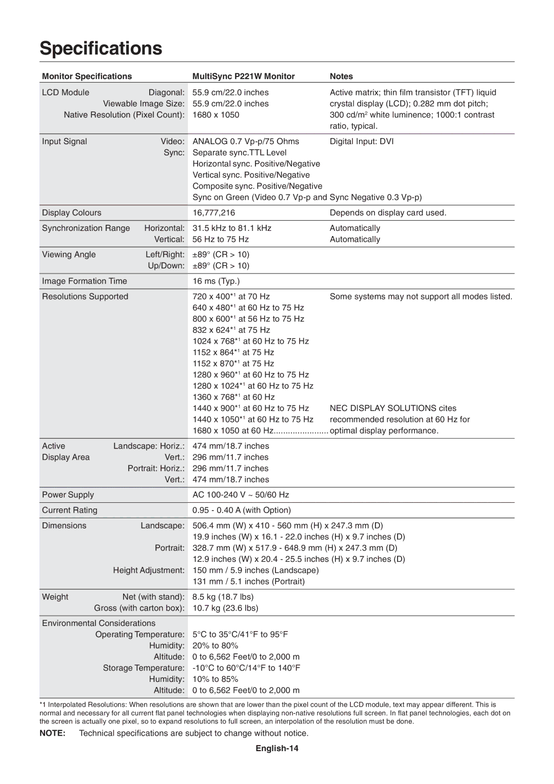 NEC user manual Monitor Specifications MultiSync P221W Monitor, English-14 