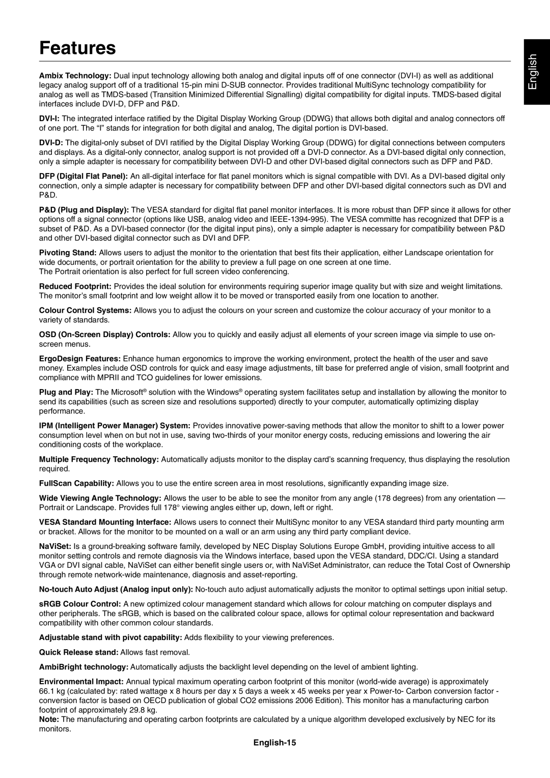 NEC P221W user manual Features, English-15 