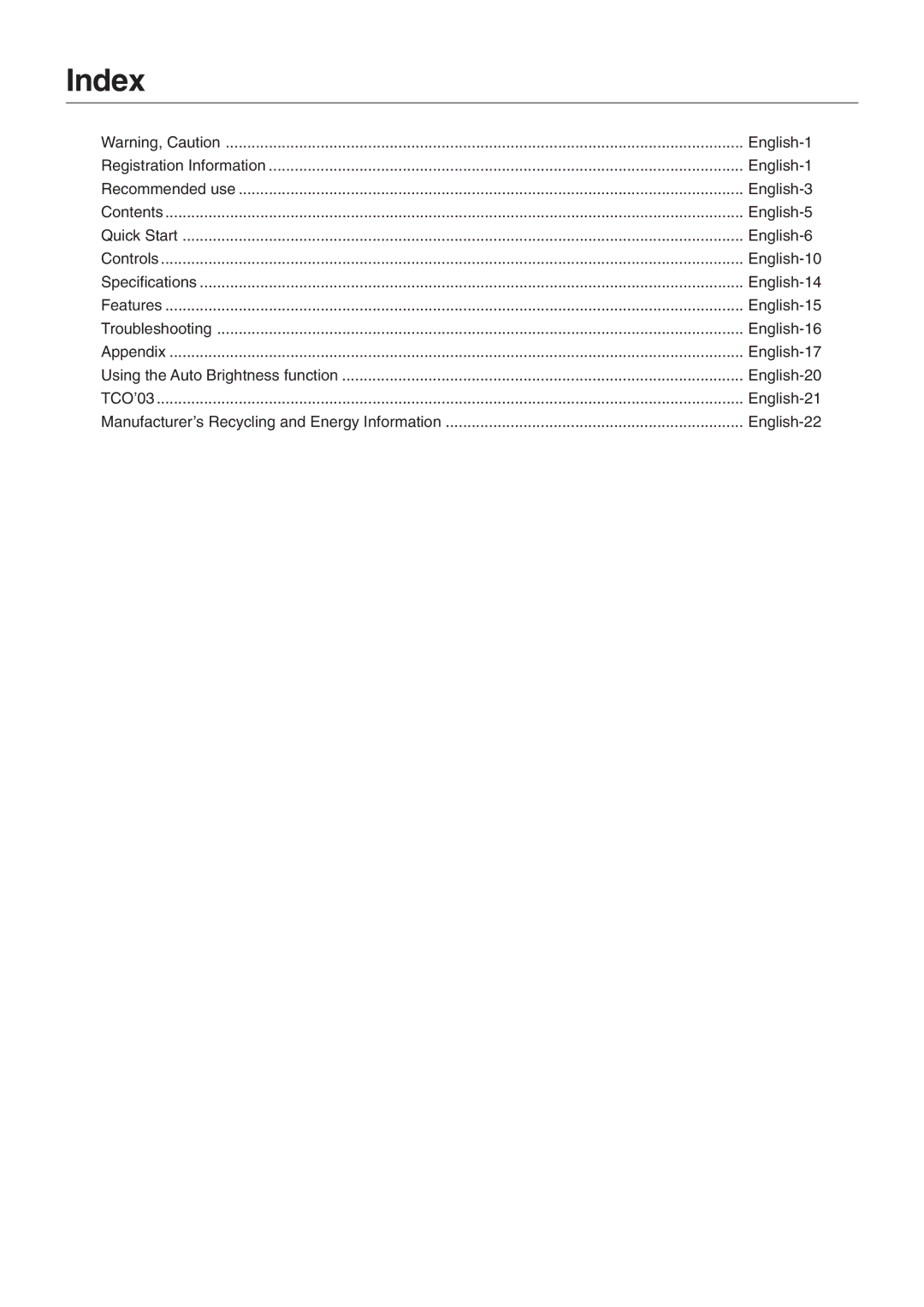 NEC P221W user manual Index, TCOÕ03 