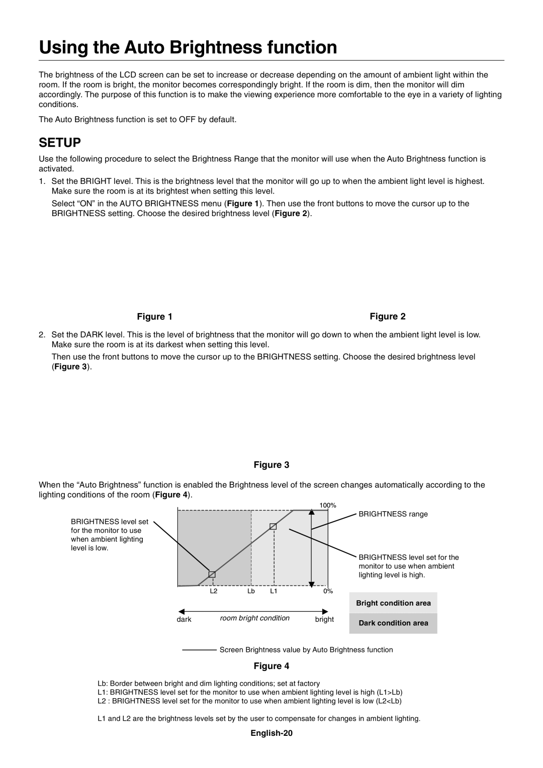 NEC P221W user manual Using the Auto Brightness function, English-20 