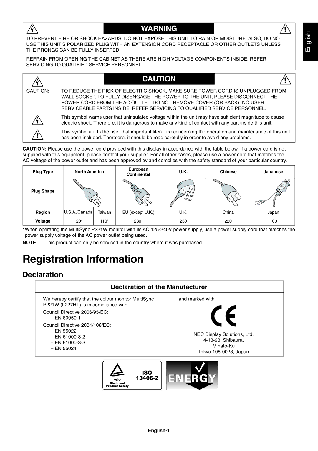 NEC P221W user manual Registration Information, Declaration, English-1 