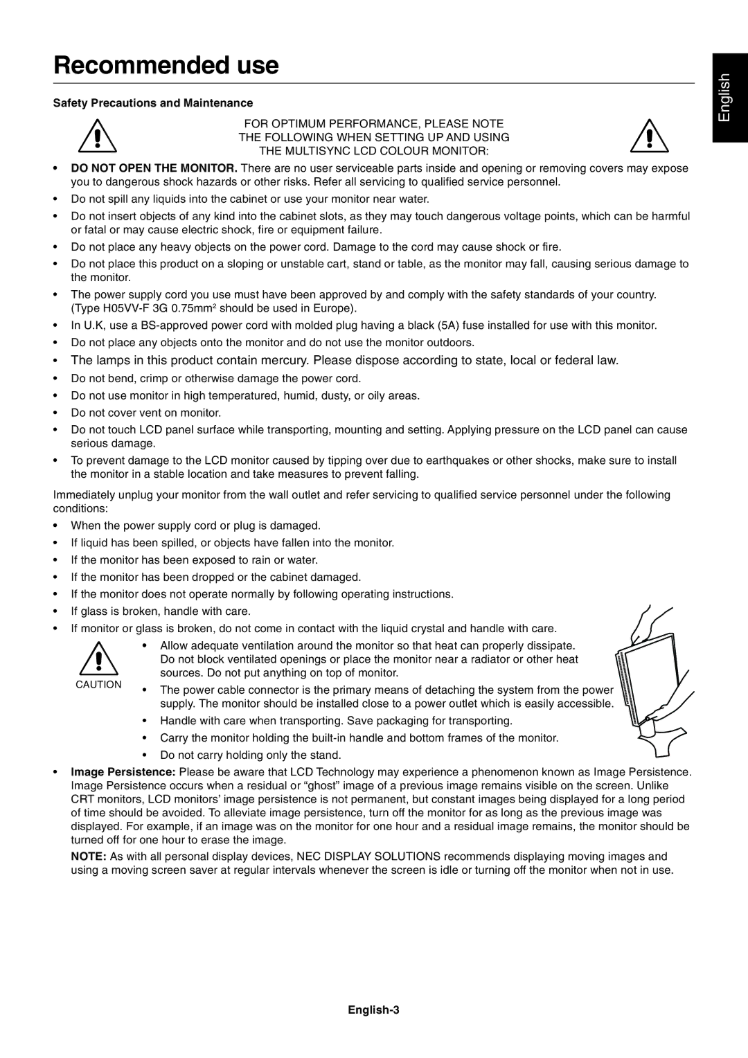 NEC P221W user manual Recommended use, Safety Precautions and Maintenance, English-3 