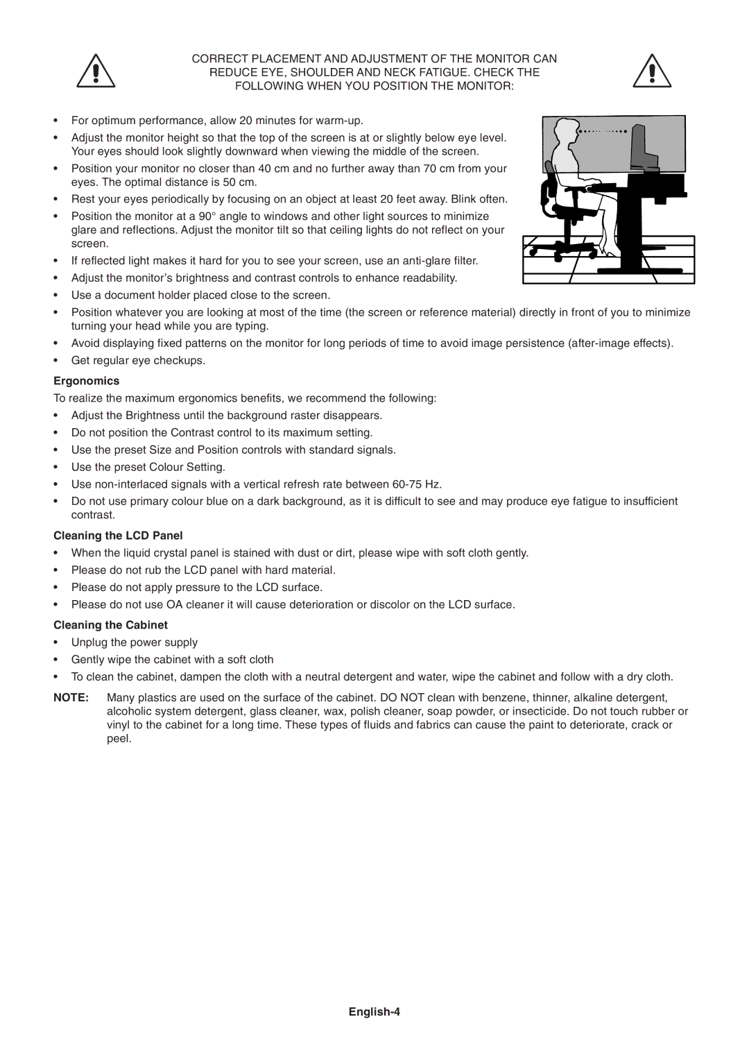 NEC P221W user manual Ergonomics, Cleaning the LCD Panel, Cleaning the Cabinet, English-4 