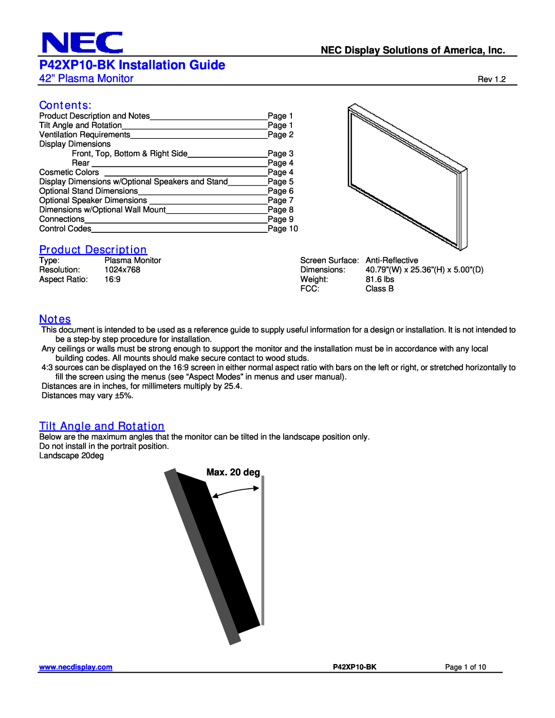 NEC dimensions P42XP10-BK Installation Guide, 42” Plasma Monitor, Contents, Product Description, Max. 20 deg 