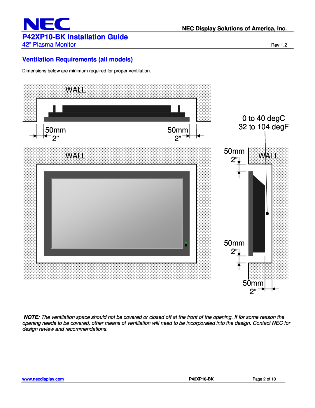 NEC P42XP10-BK Installation Guide, WALL 50mm 2” WALL, 0 to 40 degC 50mm32 to 104 degF 2” 50mm 2” WALL 50mm 2” 50mm 2” 