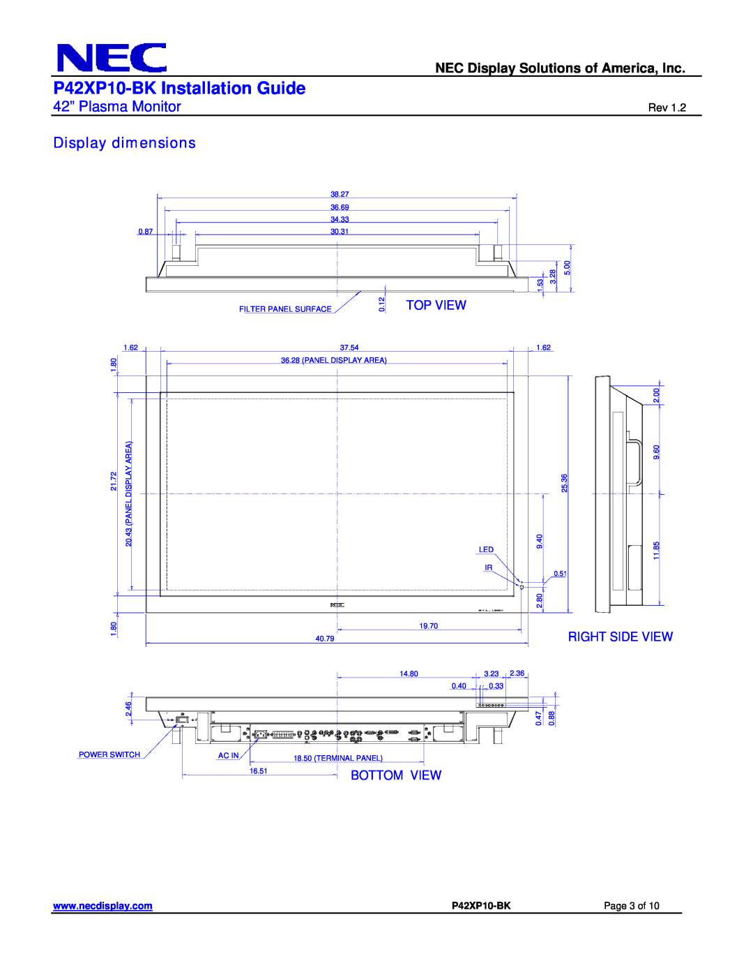 NEC Display dimensions, Top View, Right Side View, Bottom View, P42XP10-BK Installation Guide, 42” Plasma Monitor 