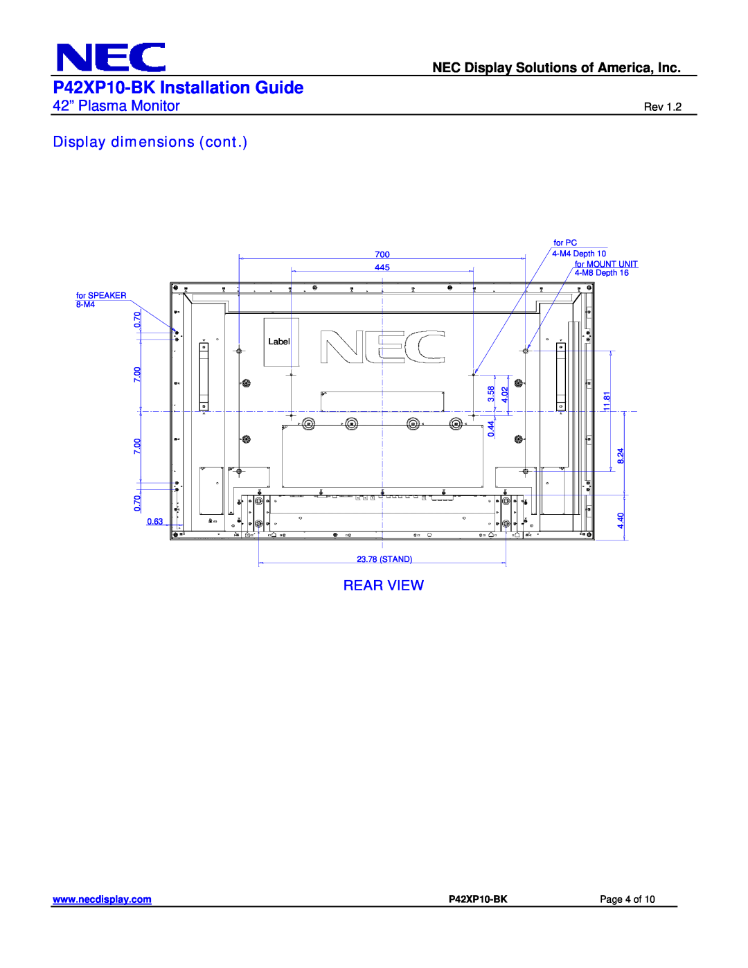 NEC Display dimensions cont, P42XP10-BK Installation Guide, 42” Plasma Monitor, NEC Display Solutions of America, Inc 