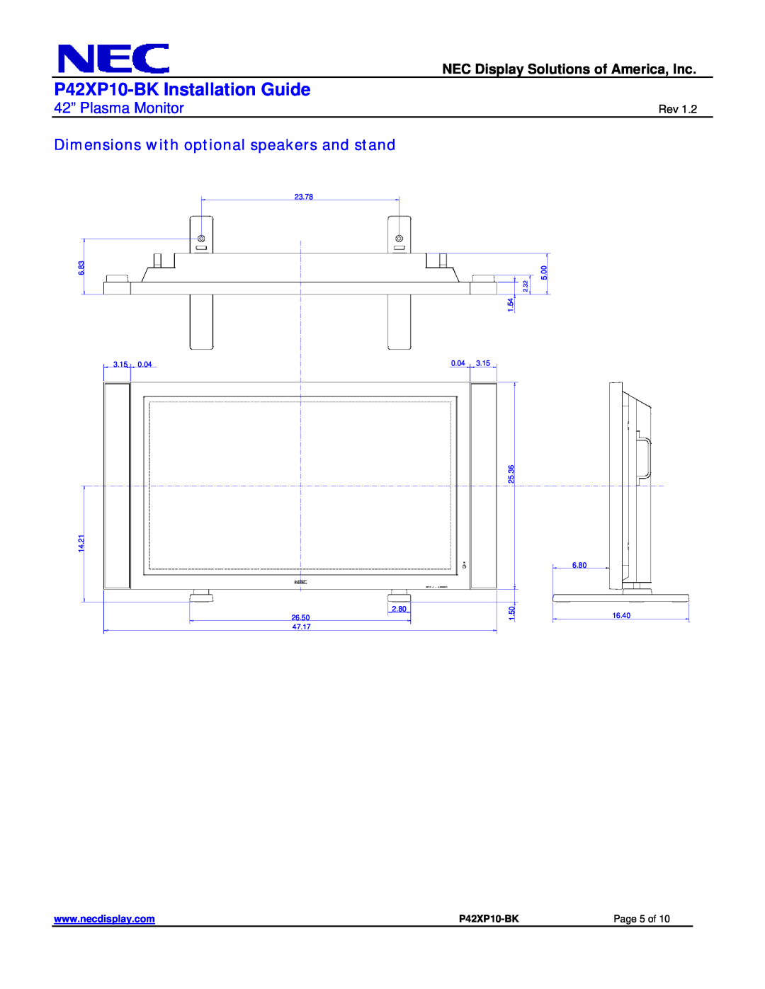 NEC dimensions Dimensions with optional speakers and stand, P42XP10-BK Installation Guide, 42” Plasma Monitor, Page 5 of 