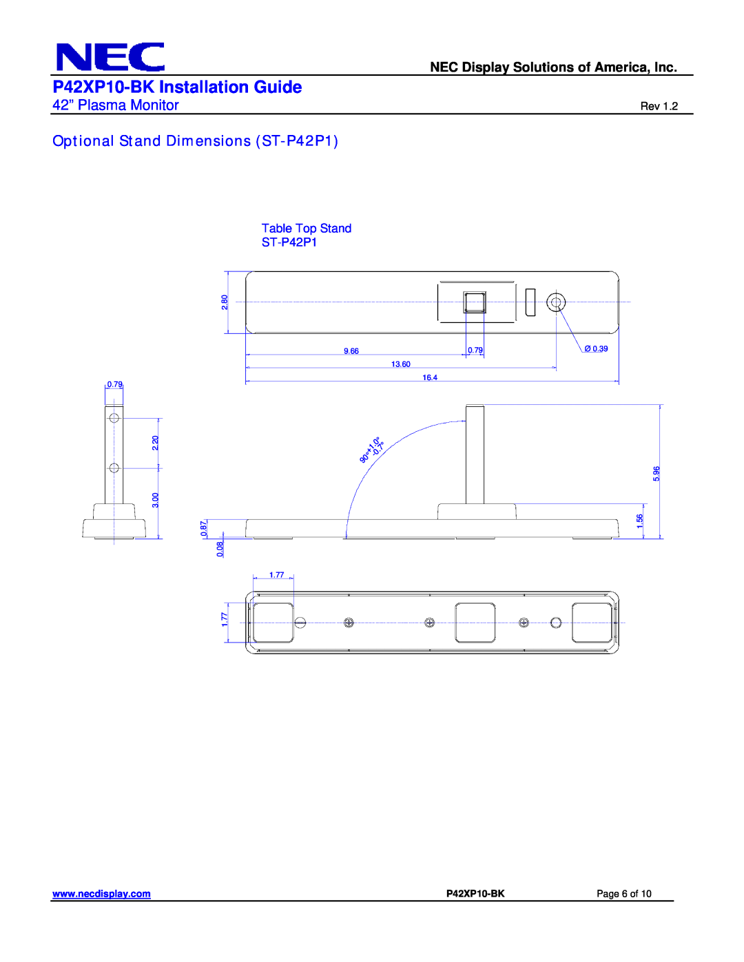 NEC Optional Stand Dimensions ST-P42P1, Table Top Stand, P42XP10-BK Installation Guide, 42” Plasma Monitor, Page 6 of 