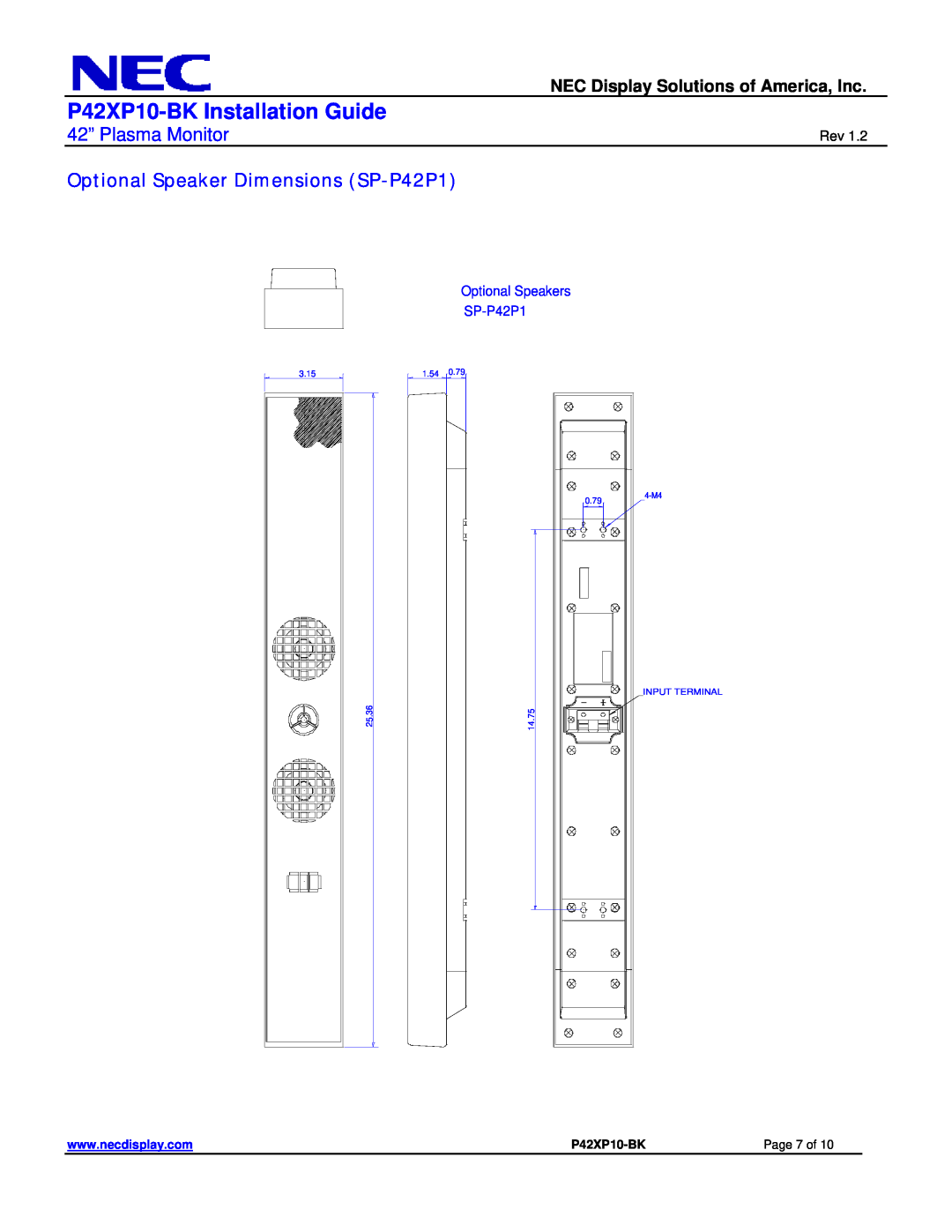 NEC Optional Speaker Dimensions SP-P42P1, P42XP10-BK Installation Guide, 42” Plasma Monitor, Optional Speakers SP-P42P1 