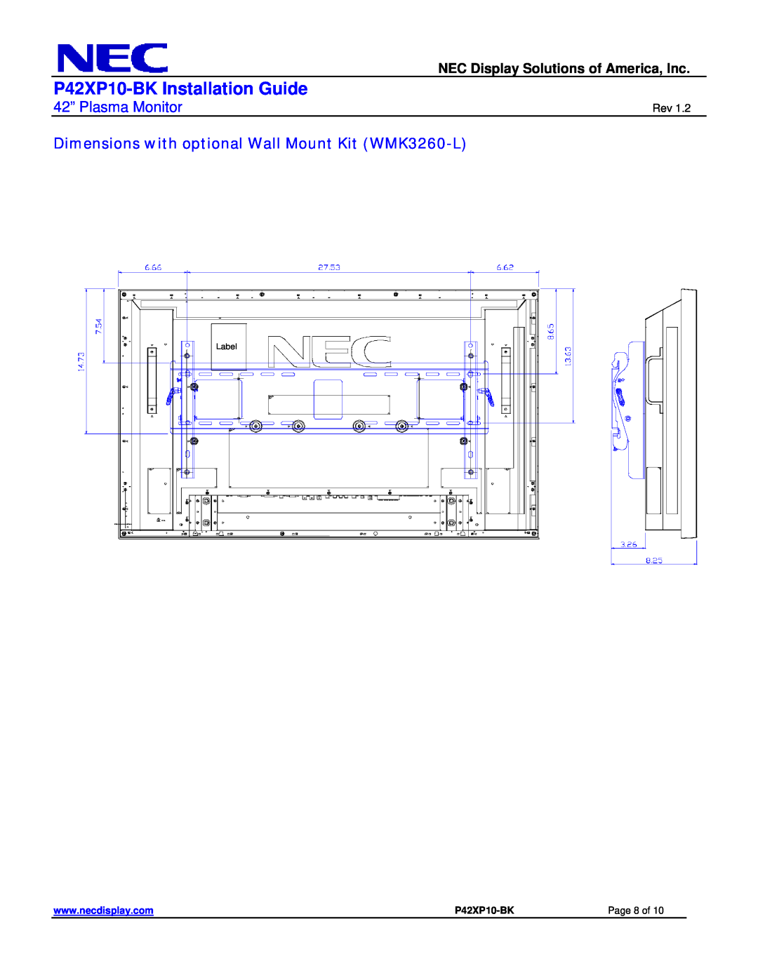 NEC Dimensions with optional Wall Mount Kit WMK3260-L, P42XP10-BK Installation Guide, 42” Plasma Monitor, Page 8 of 