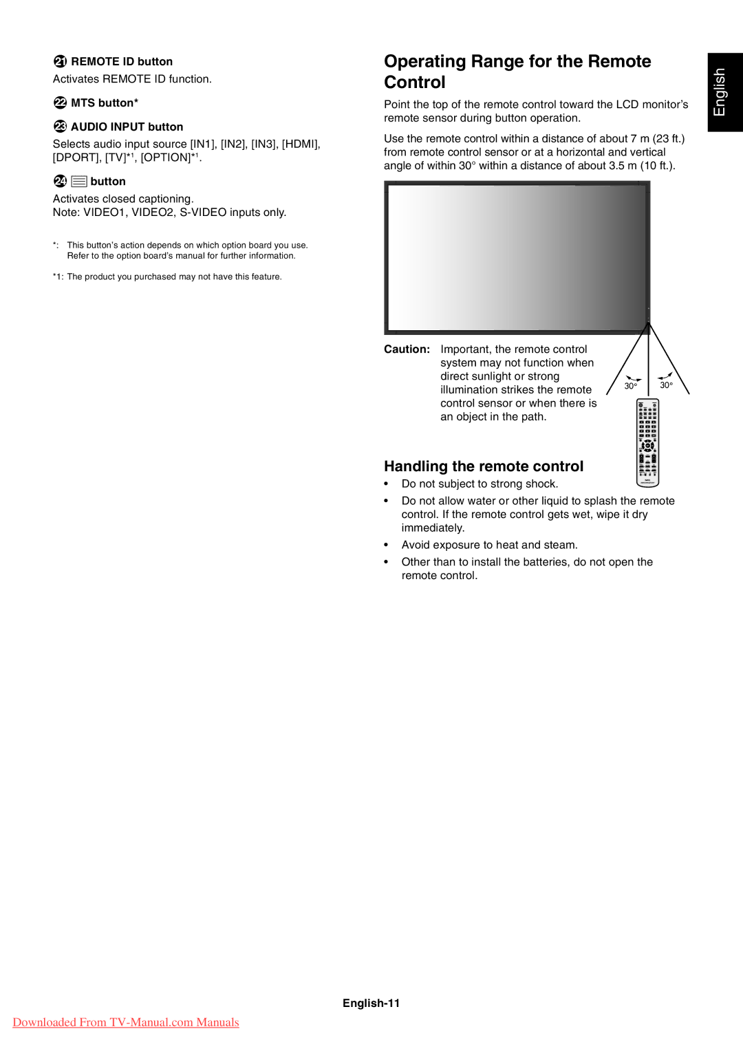 NEC P401, P461, P521 user manual Operating Range for the Remote Control, Handling the remote control 