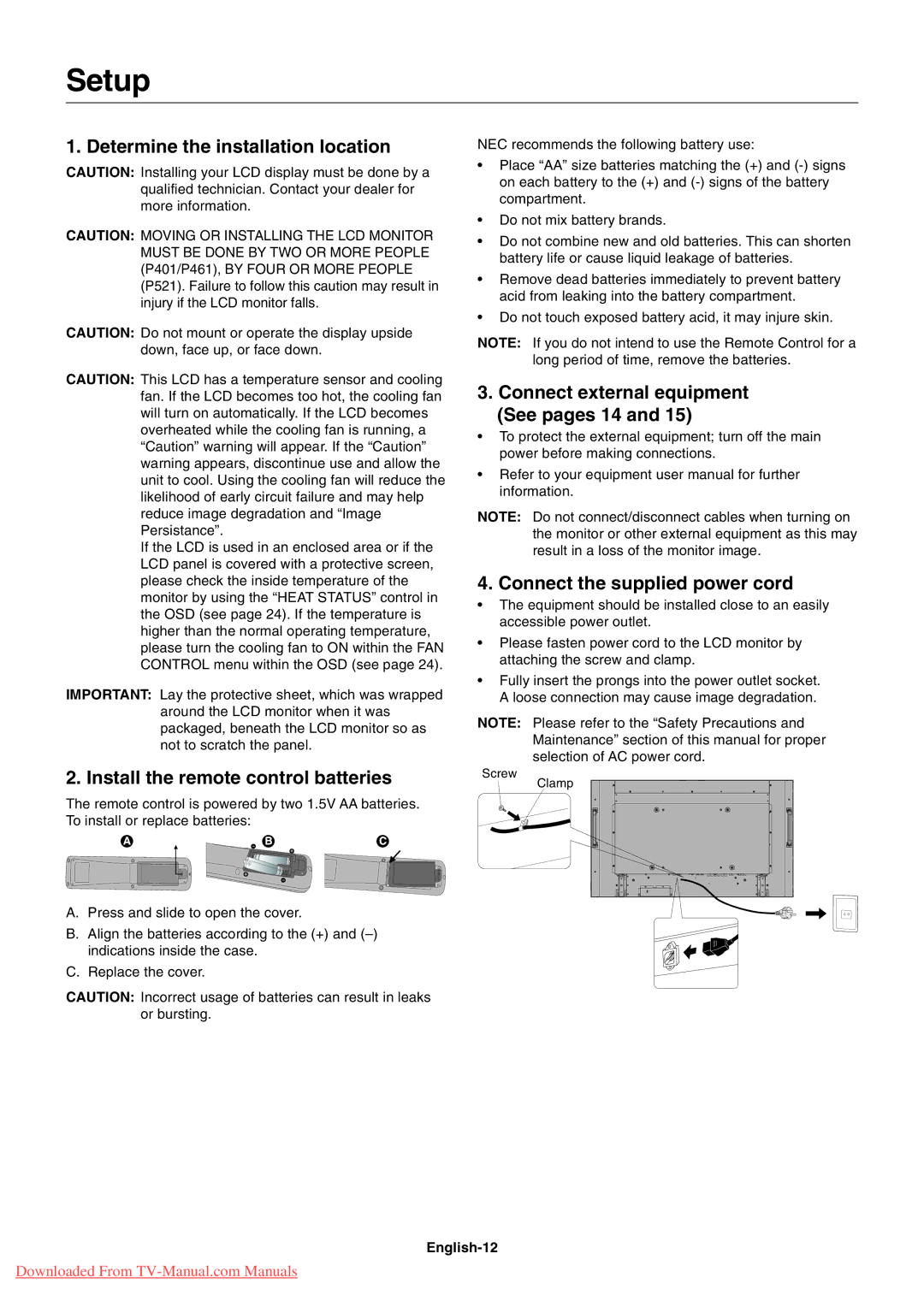 NEC P521 Setup, Determine the installation location, Install the remote control batteries, Connect the supplied power cord 