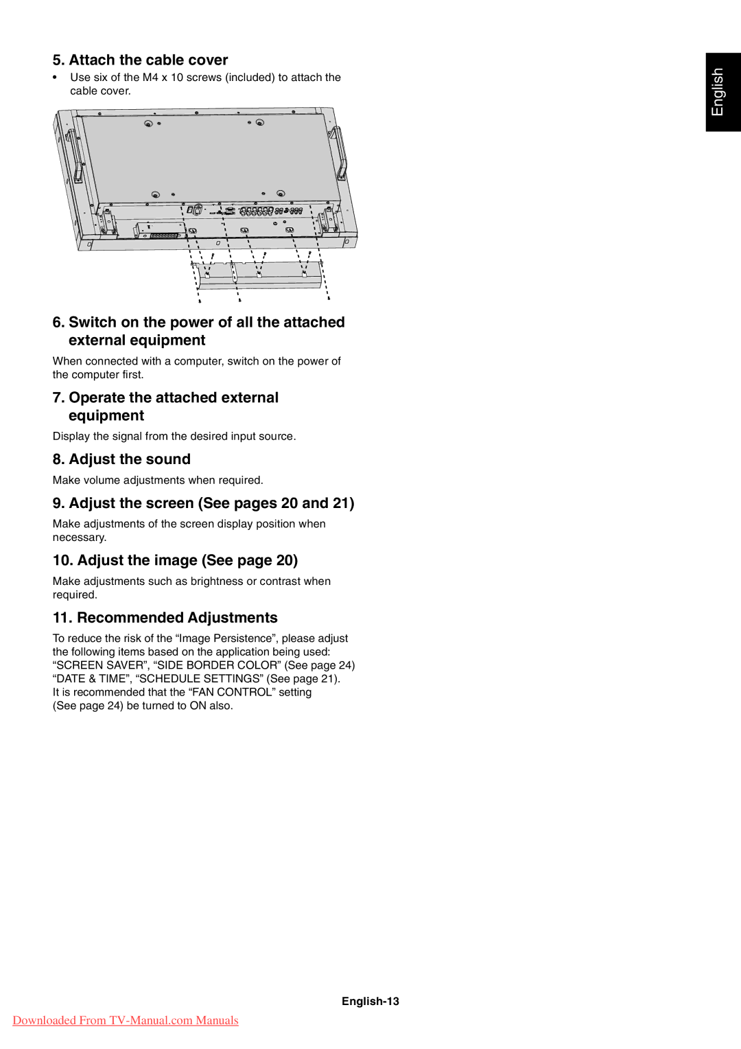 NEC P461, P401, P521 Attach the cable cover, Switch on the power of all the attached external equipment, Adjust the sound 