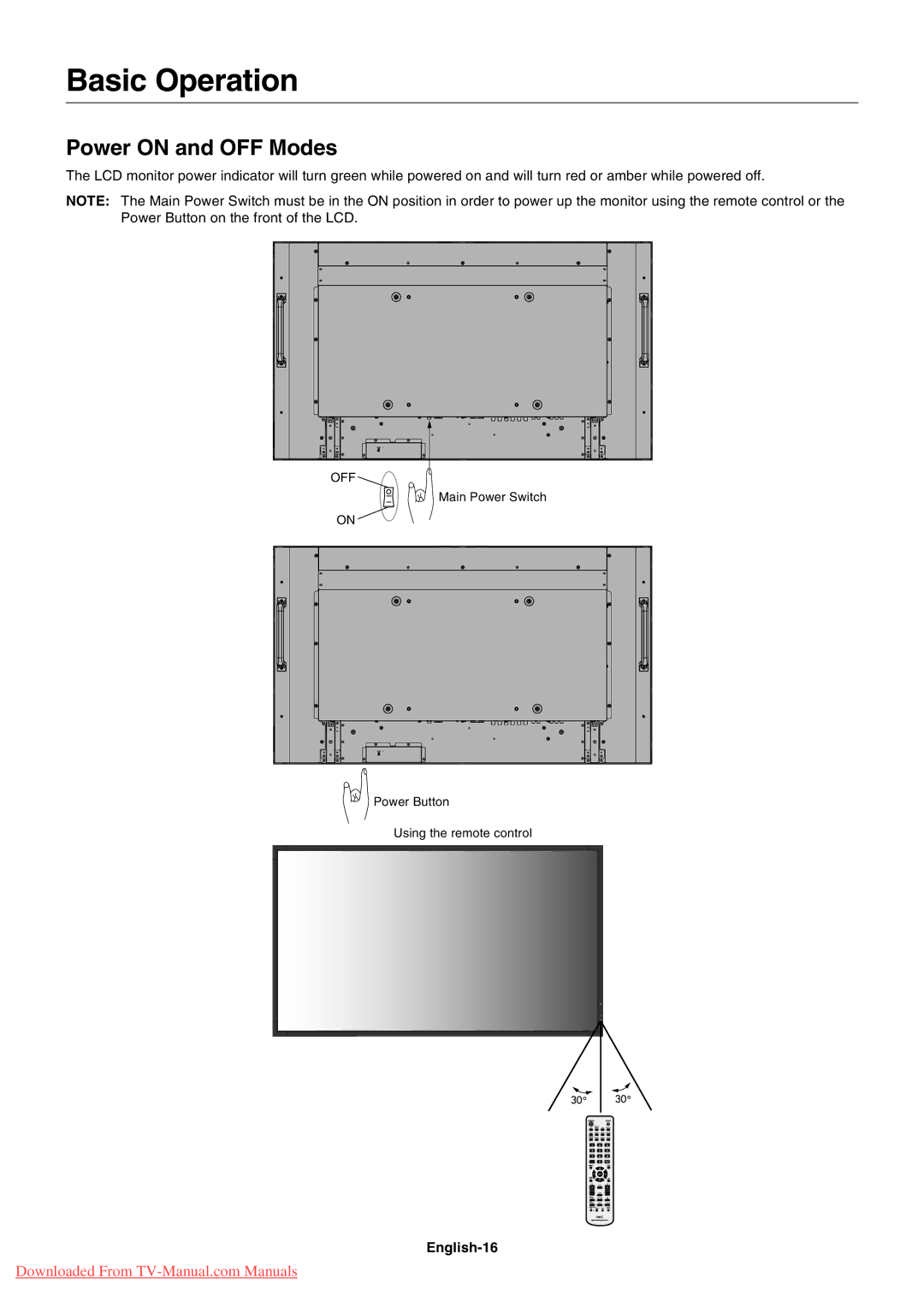 NEC P461, P401, P521 user manual Basic Operation, Power on and OFF Modes, English-16, Off 