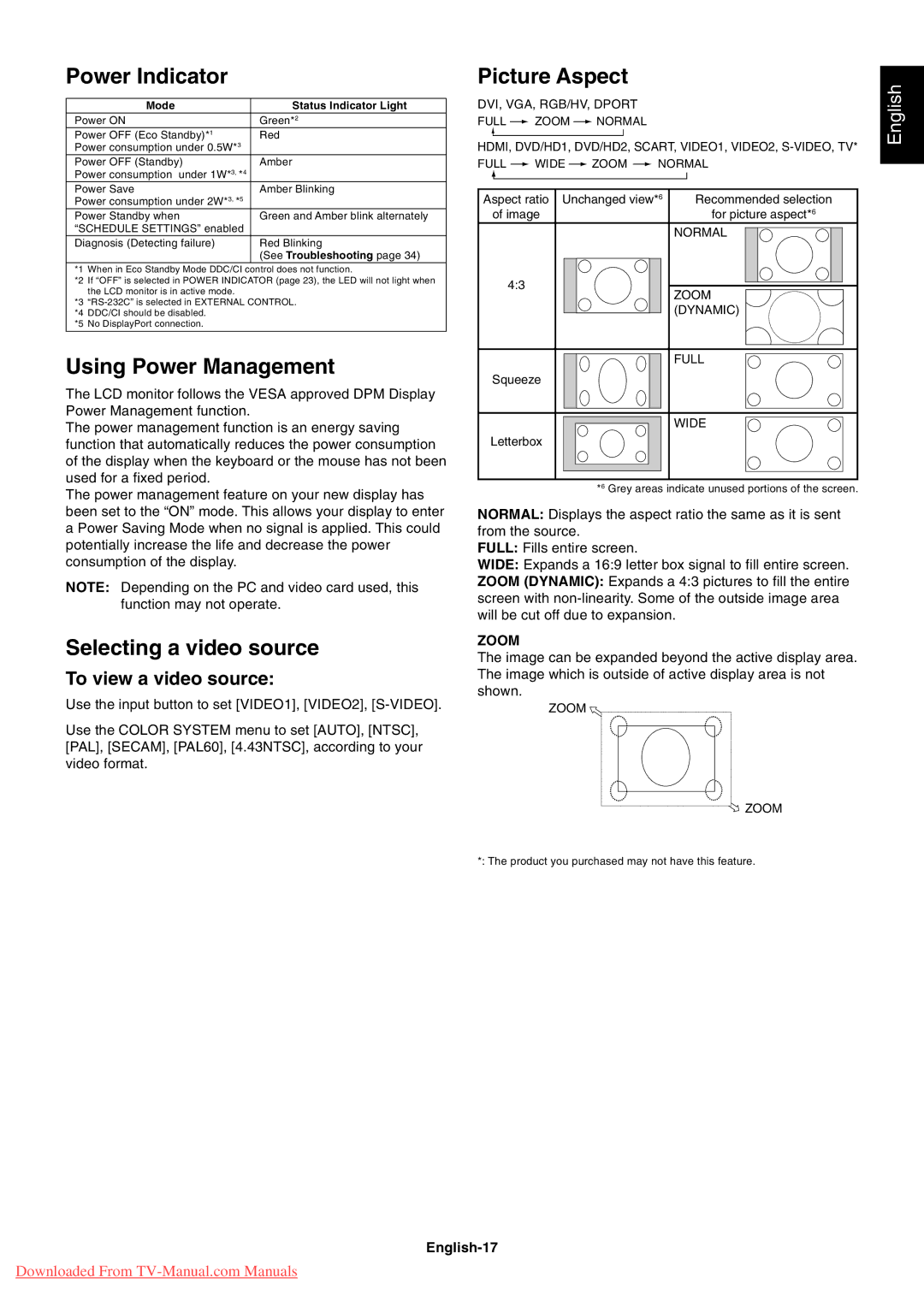 NEC P401, P461 Power Indicator, Using Power Management, Selecting a video source, Picture Aspect, To view a video source 