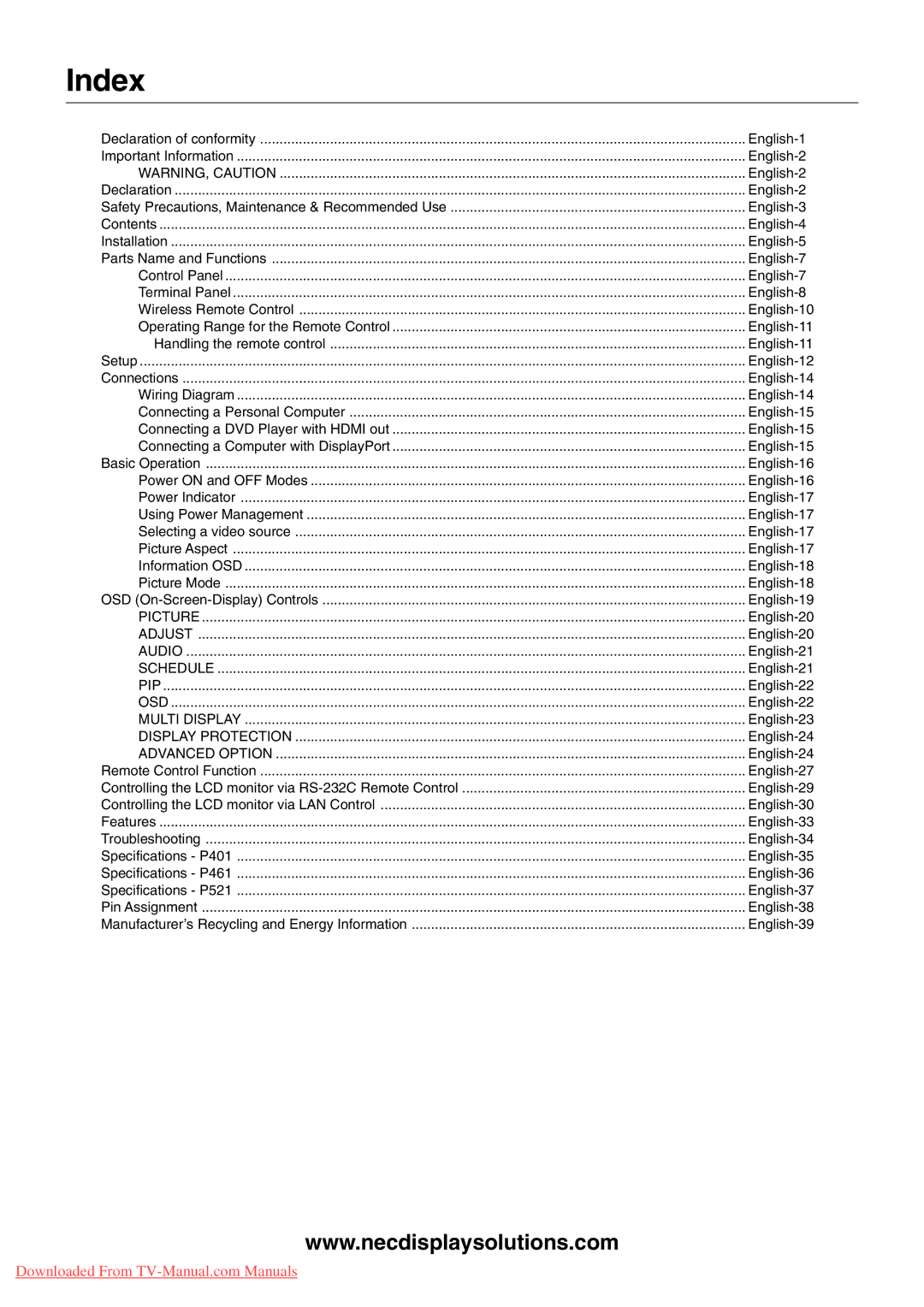 NEC P521, P461, P401 user manual Index, Advanced Option 