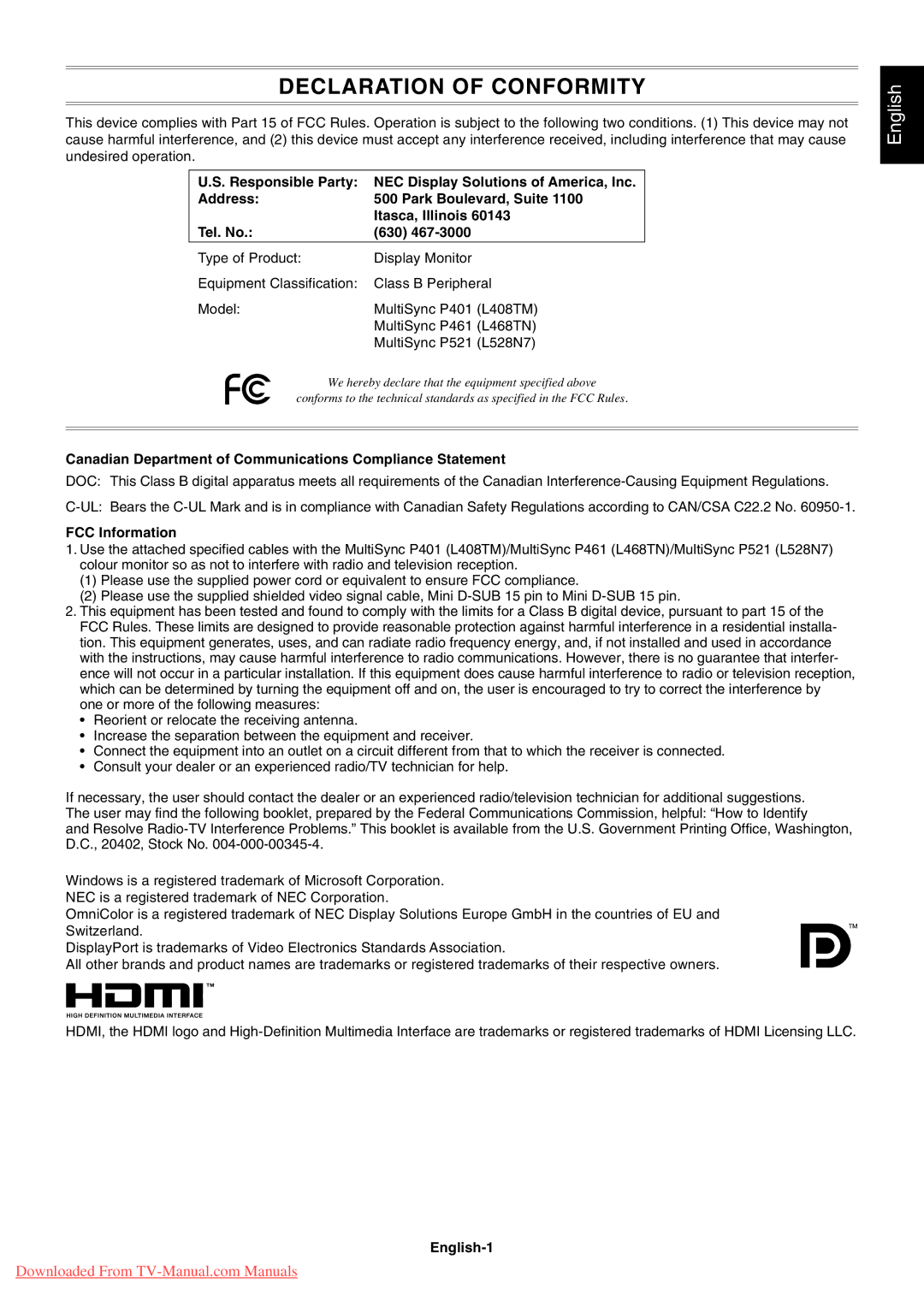 NEC P461, P401, P521 user manual Canadian Department of Communications Compliance Statement, FCC Information, English-1 