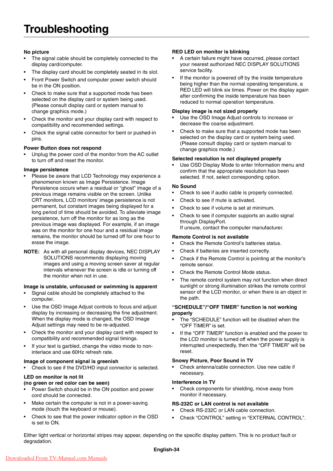 NEC P461, P401, P521 user manual Troubleshooting 